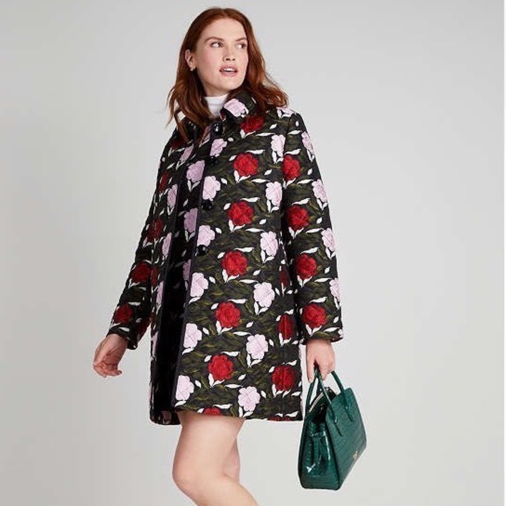 Kate Spade New York Sz XL Quilted Floral Rose Jacket Coat Black Pink Red - Picture 1 of 16